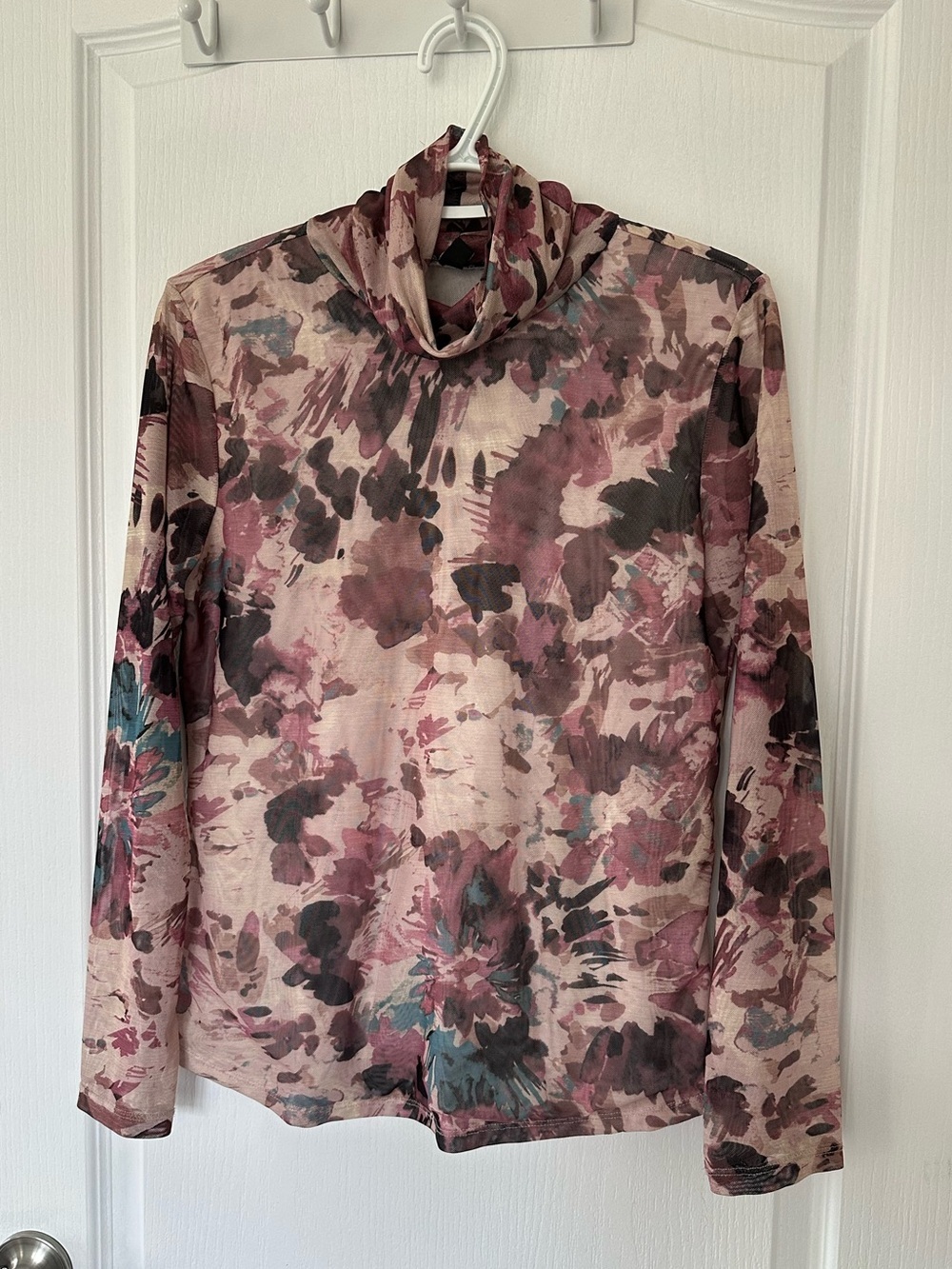 Tribal Abstract Floral Mesh Long Sleeve Mock Neck Top Burgundy Mauve Sheer Boho